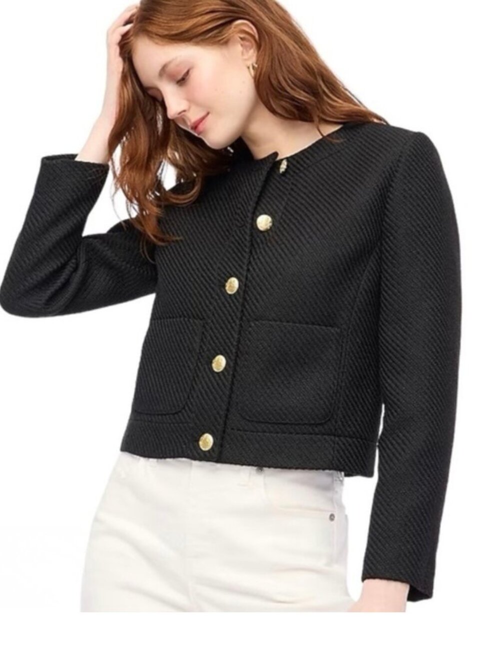 J Crew Blazer Jacket Lady Black Tweed Knit Gold Button Office Preppy Casual Work
